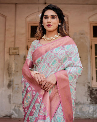 Pastel Pink and Mint Green Geometric Tussar Silk Saree with Zari Paisley Border DIGITAL PRINT