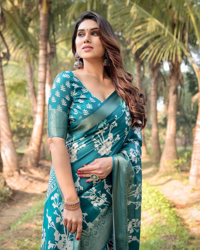 Teal Blue Tussar Silk Saree with White Floral Design, Gold Zari Border & Tassel Pallu DIGITAL PRINT