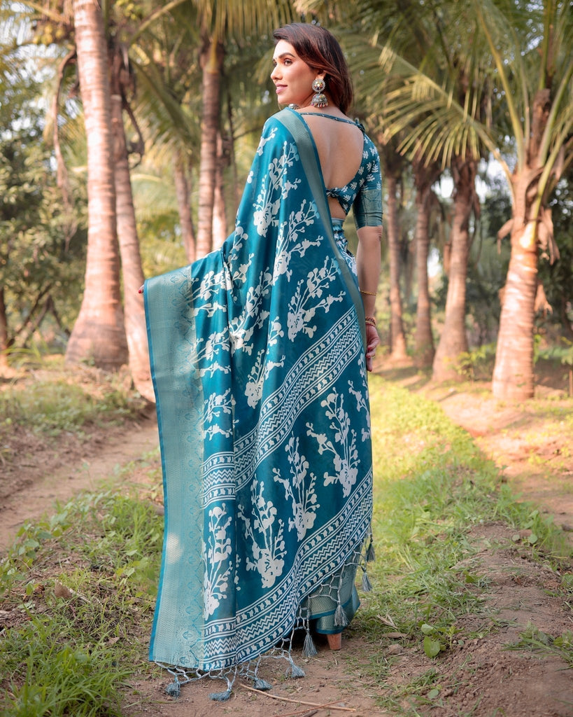 Teal Blue Tussar Silk Saree with White Floral Design, Gold Zari Border & Tassel Pallu DIGITAL PRINT