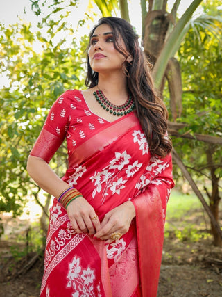 Graceful Red Tussar Silk Saree with White Floral Design and Zari Border DIGITAL PRINT