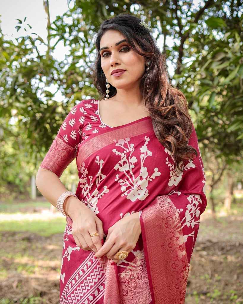 Maroon Tussar Silk Saree with White Floral Motifs, Intricate Zari Border, and Elegant Tassel Pallu DIGITAL PRINT