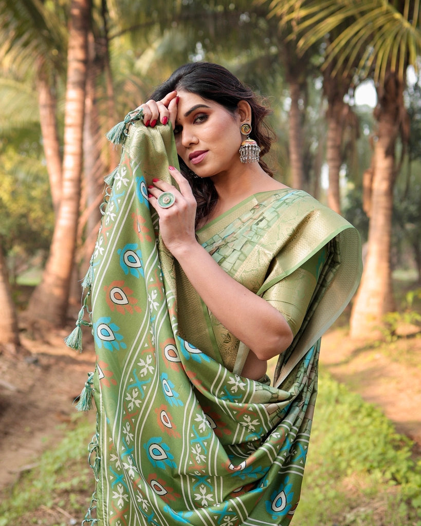 Elegant Light Green Tussar Silk Saree with Zari Motif Border and Contemporary Checkered Pallu Design DIGITAL PRINT