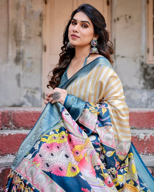 Beige & Teal Tussar Silk Saree with Intricate Kalamkari and Zari Border DIGITAL PRINT