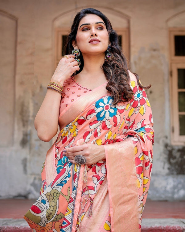Peach Tussar Silk Saree with Vibrant Floral Kalamkari and Zari Highlights DIGITAL PRINT