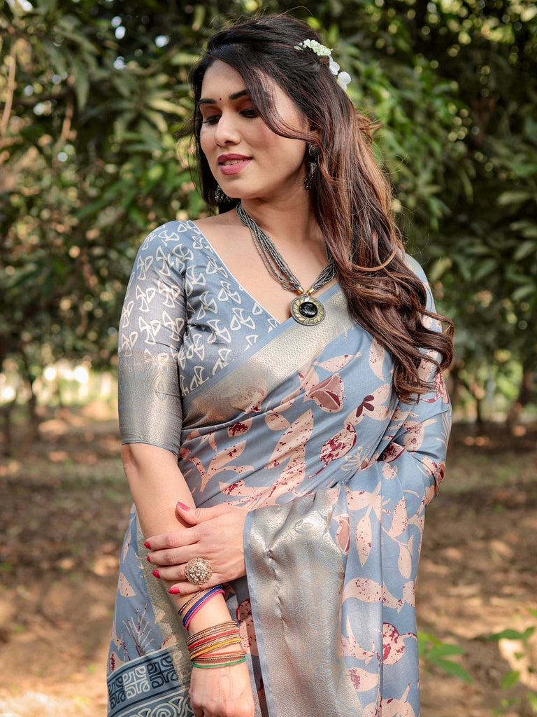 Stylish Sky Blue Tussar Silk Saree with Beige and Gold Zari Work and Contemporary Pallu Design DIGITAL PRINT