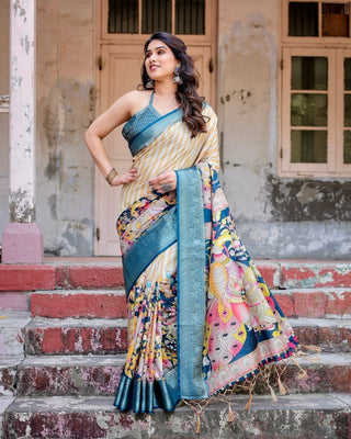 Beige & Teal Tussar Silk Saree with Intricate Kalamkari and Zari Border DIGITAL PRINT