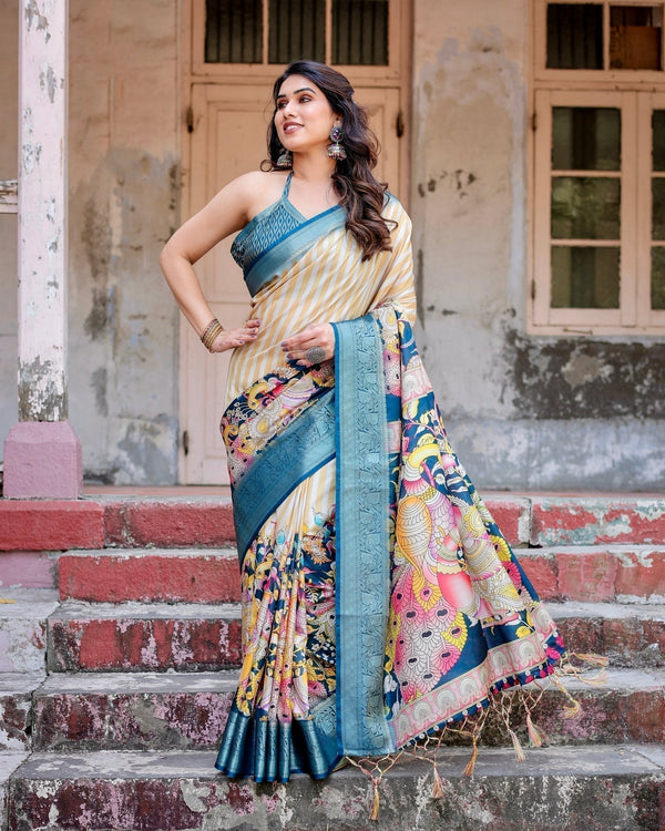 Beige & Teal Tussar Silk Saree with Intricate Kalamkari and Zari Border DIGITAL PRINT