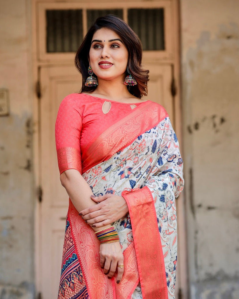 Ivory Tussar Silk Saree with Coral Zari Border and Intricate Floral Motifs DIGITAL PRINT
