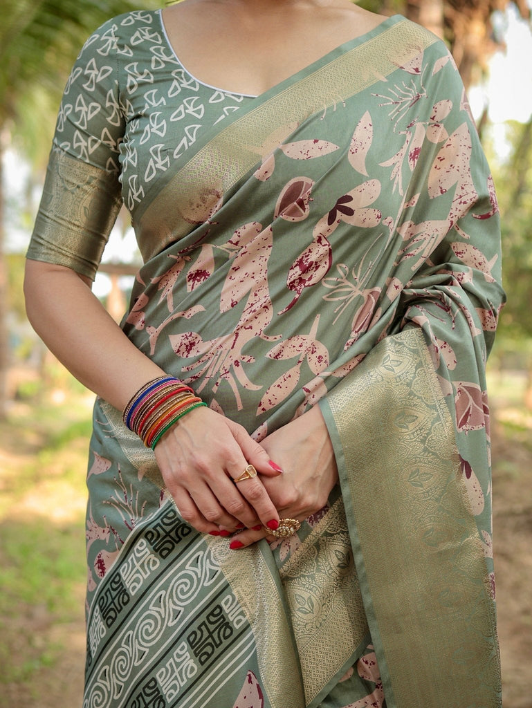 Graceful Olive Green Tussar Silk Saree with Intricate Beige and Maroon Botanical Print and Zari Border DIGITAL PRINT