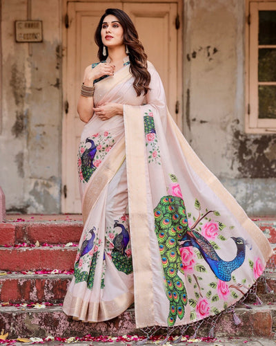 Soft Pastel Pink Tussar Silk Saree with Hand-Painted Peacock and Floral Motifs DIGITAL PRINT