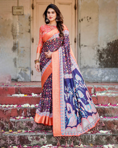 Navy Blue and Peach Tussar Silk Saree with Peacock Motifs and Floral Zari Border DIGITAL PRINT