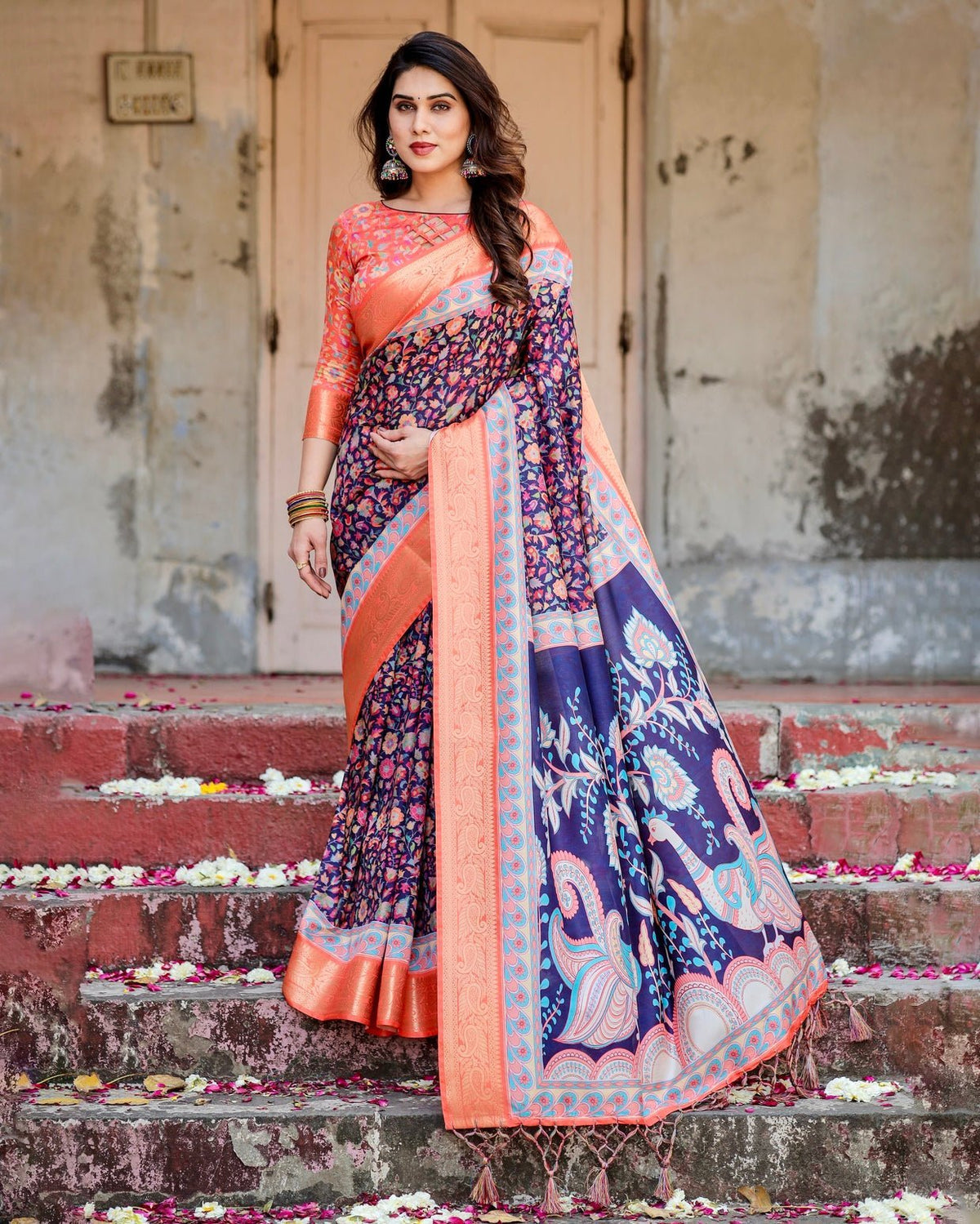Navy Blue and Peach Tussar Silk Saree with Peacock Motifs and Floral Zari Border DIGITAL PRINT Main image