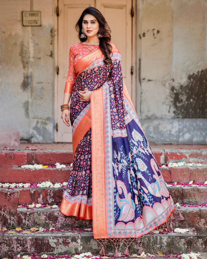 Navy Blue and Peach Tussar Silk Saree with Peacock Motifs and Floral Zari Border DIGITAL PRINT