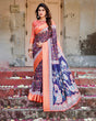 Load image into Gallery viewer, Navy Blue and Peach Tussar Silk Saree with Peacock Motifs and Floral Zari Border DIGITAL PRINT