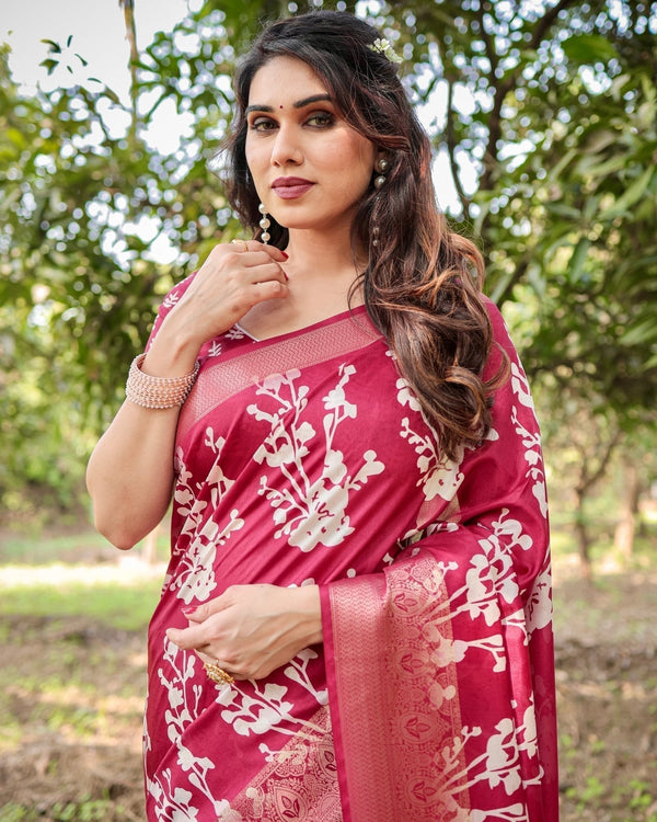 Maroon Tussar Silk Saree with White Floral Motifs, Intricate Zari Border, and Elegant Tassel Pallu DIGITAL PRINT