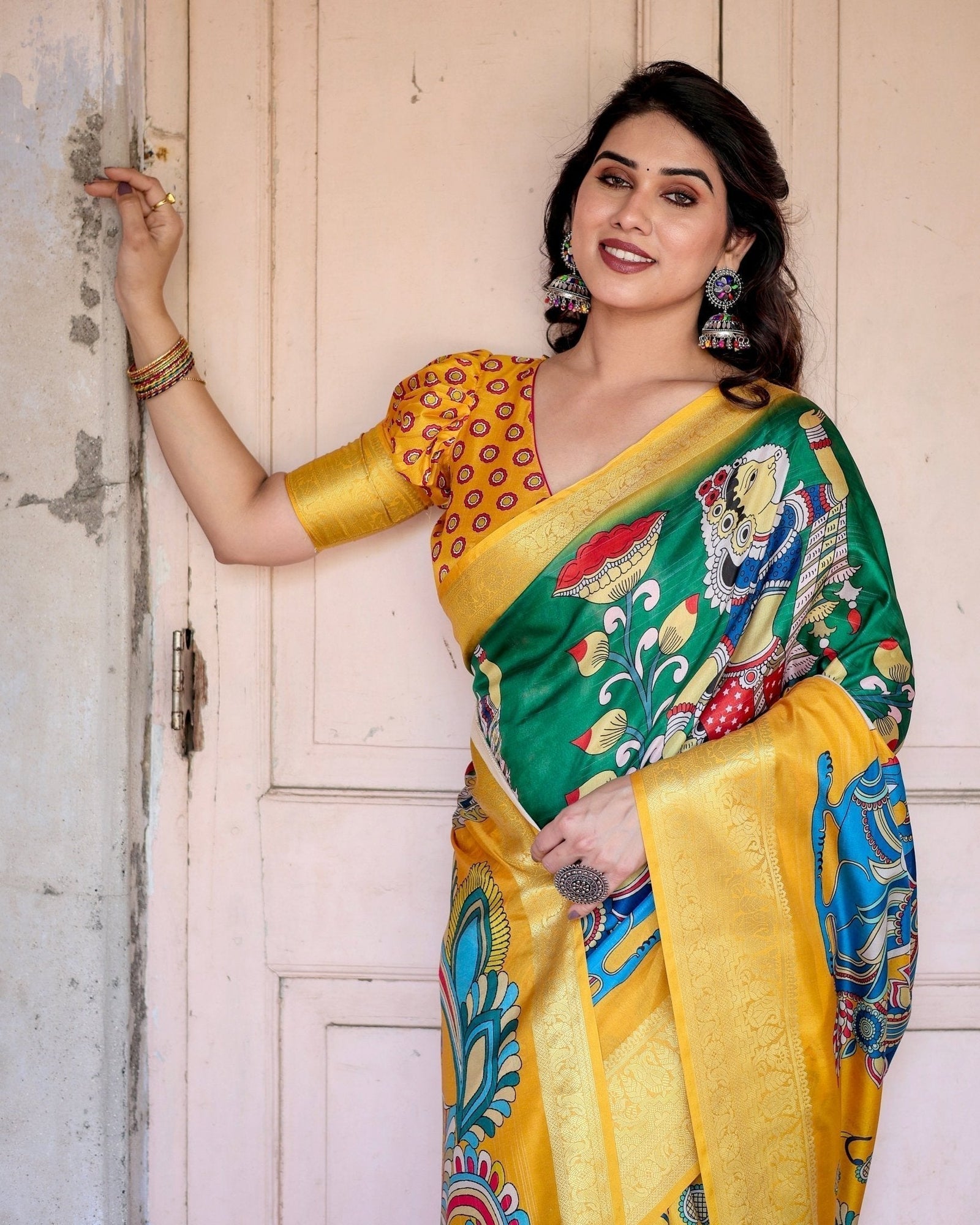 Golden Yellow Tussar Silk Saree with Vibrant Peacock Kalamkari Motifs DIGITAL PRINT