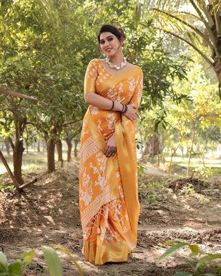 Sunshine Yellow Tussar Silk Saree with White Floral Motifs, Lustrous Zari Border, and Graceful Tassel Pallu DIGITAL PRINT