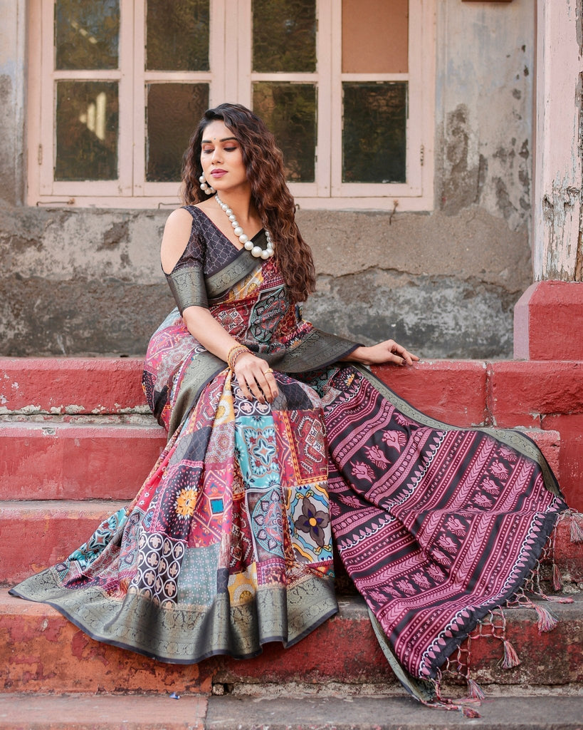 Multicolor Tussar Silk Saree with Ornamental Patchwork and Olive Zari Border DIGITAL PRINT