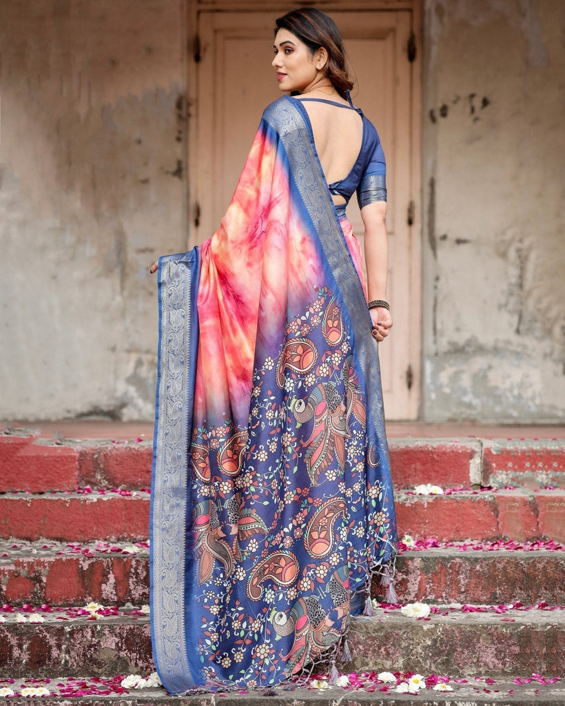Pink and Blue Digital Printed Saree with Peacock Motif and Tassel Detail DIGITAL PRINT