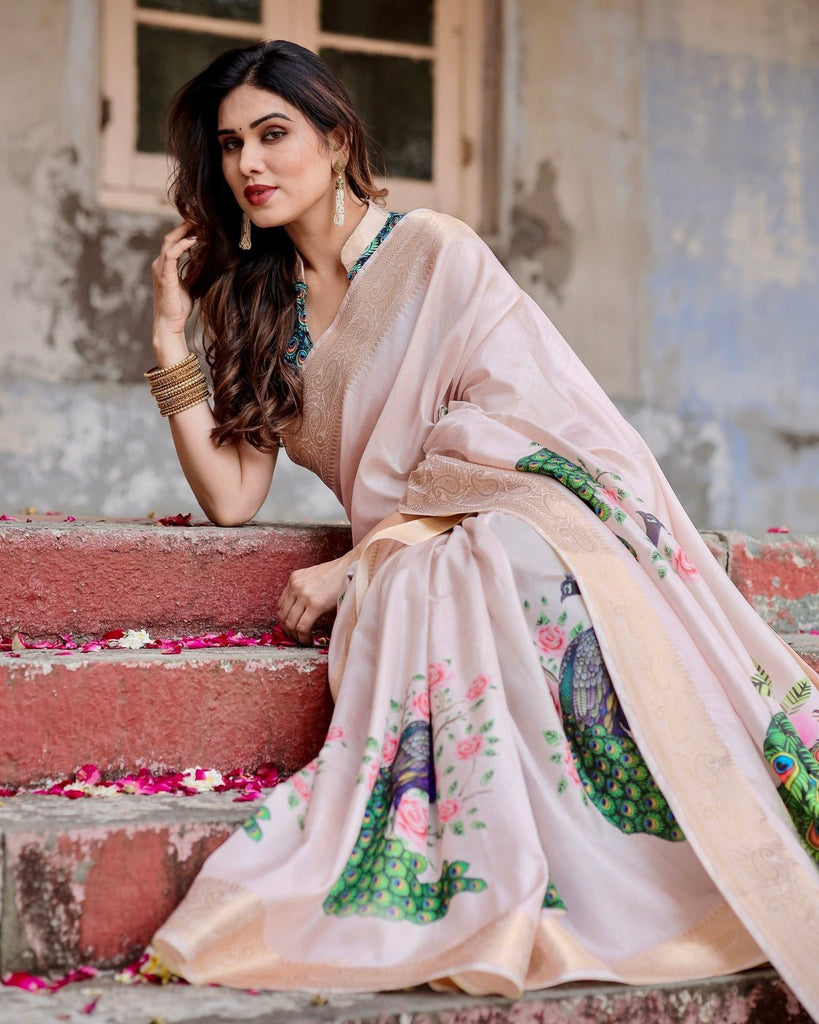 Soft Pastel Pink Tussar Silk Saree with Hand-Painted Peacock and Floral Motifs DIGITAL PRINT