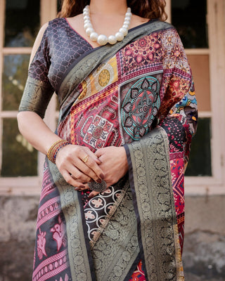 Multicolor Tussar Silk Saree with Ornamental Patchwork and Olive Zari Border DIGITAL PRINT