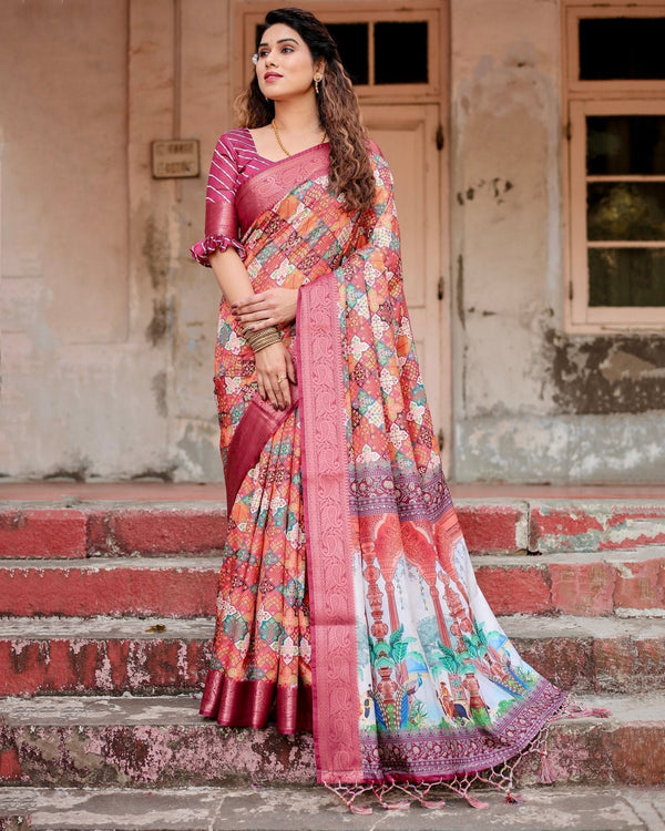 Maroon Tussar Silk Saree with Vibrant Geometric Tile Print and Zari Paisley Border DIGITAL PRINT