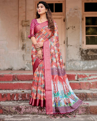 Maroon Tussar Silk Saree with Vibrant Geometric Tile Print and Zari Paisley Border DIGITAL PRINT