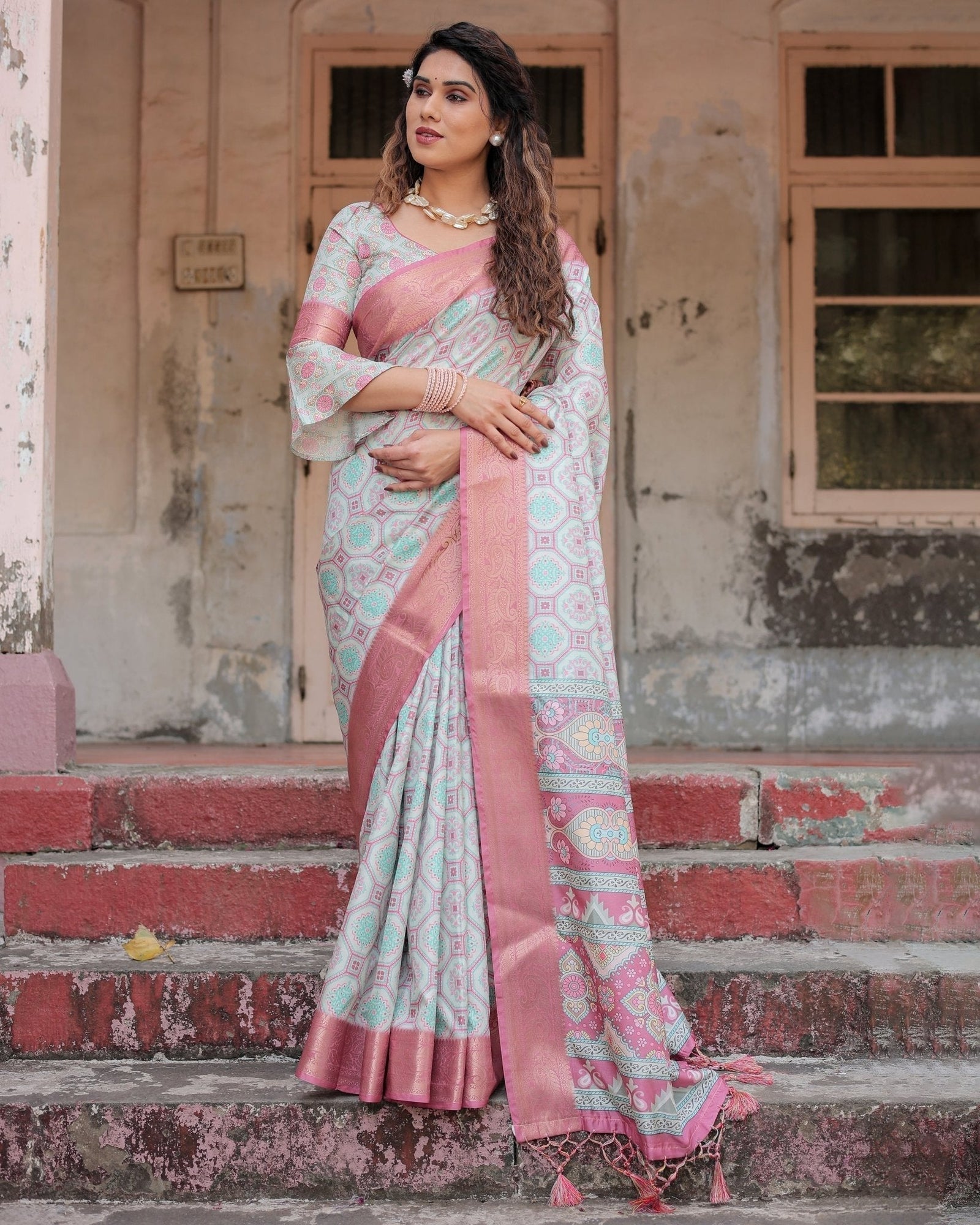 Pastel Pink and Mint Green Geometric Tussar Silk Saree with Zari Paisley Border DIGITAL PRINT