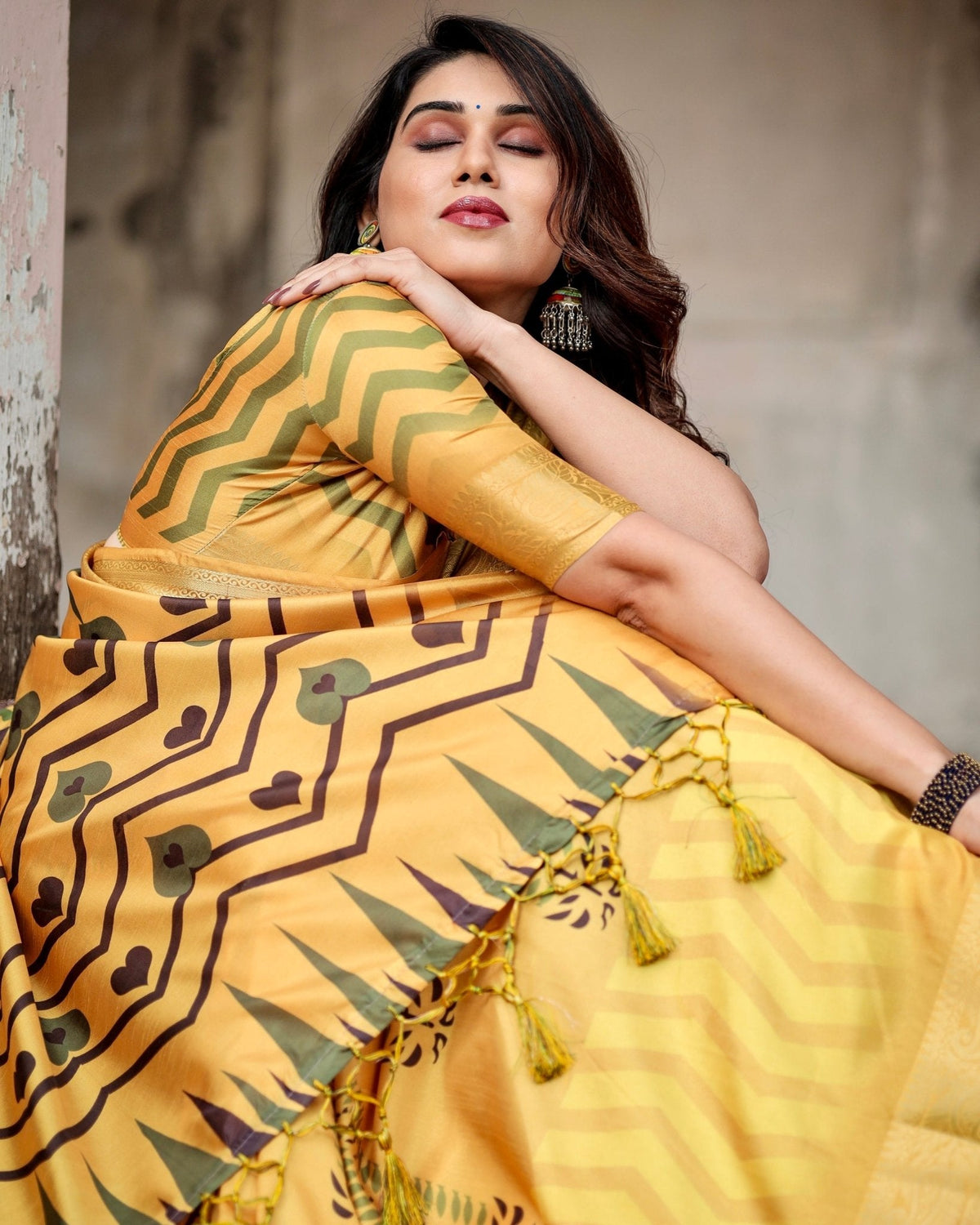 Golden Yellow Digital Printed Saree with Abstract Patterns and Tassel Detailing DIGITAL PRINT