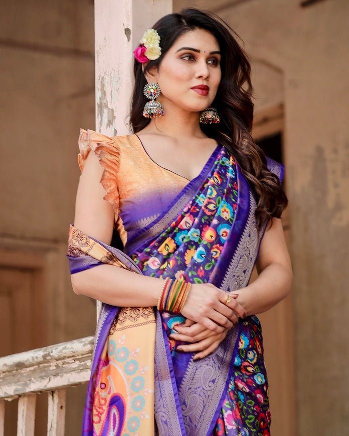 Royal Purple Tussar Silk Saree with Vibrant Floral Print and Peacock Motif Pallu DIGITAL PRINT
