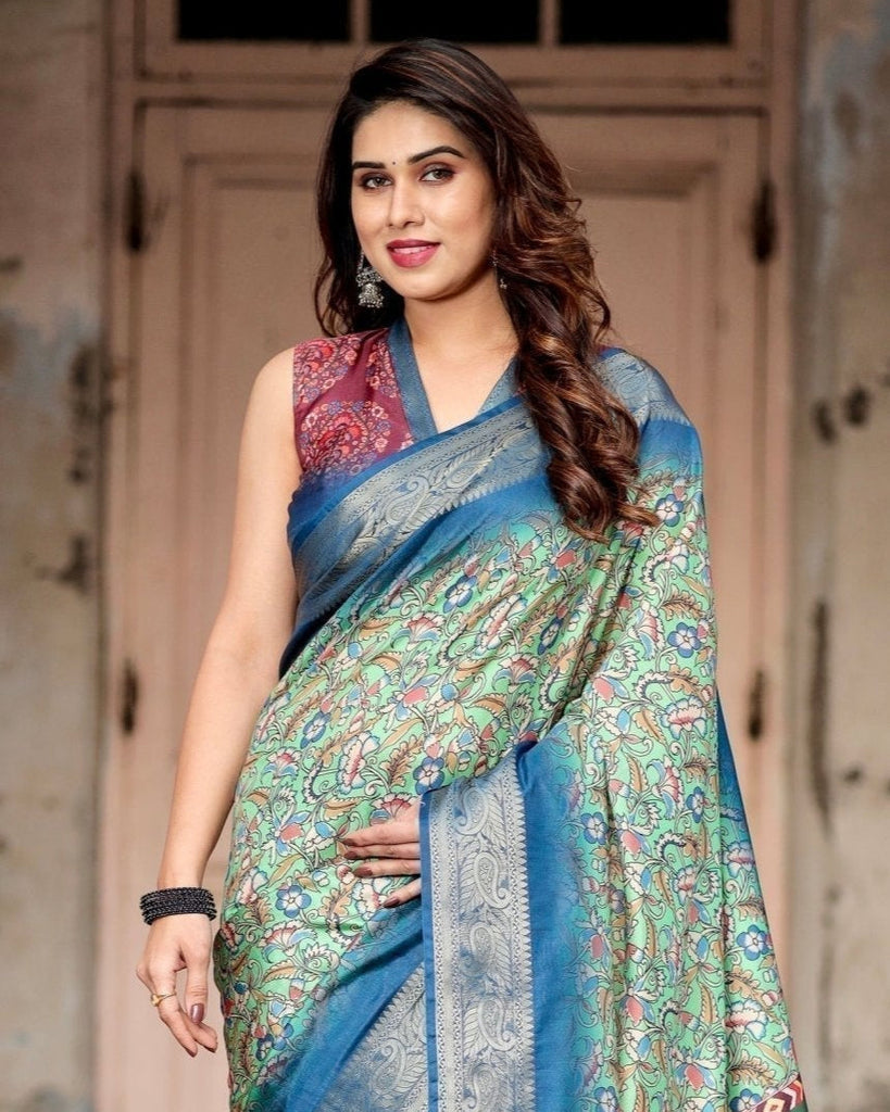 Majestic Blue and Green Digital Print Saree with Intricate Floral Motifs and Contrasting Pallu DIGITAL PRINT