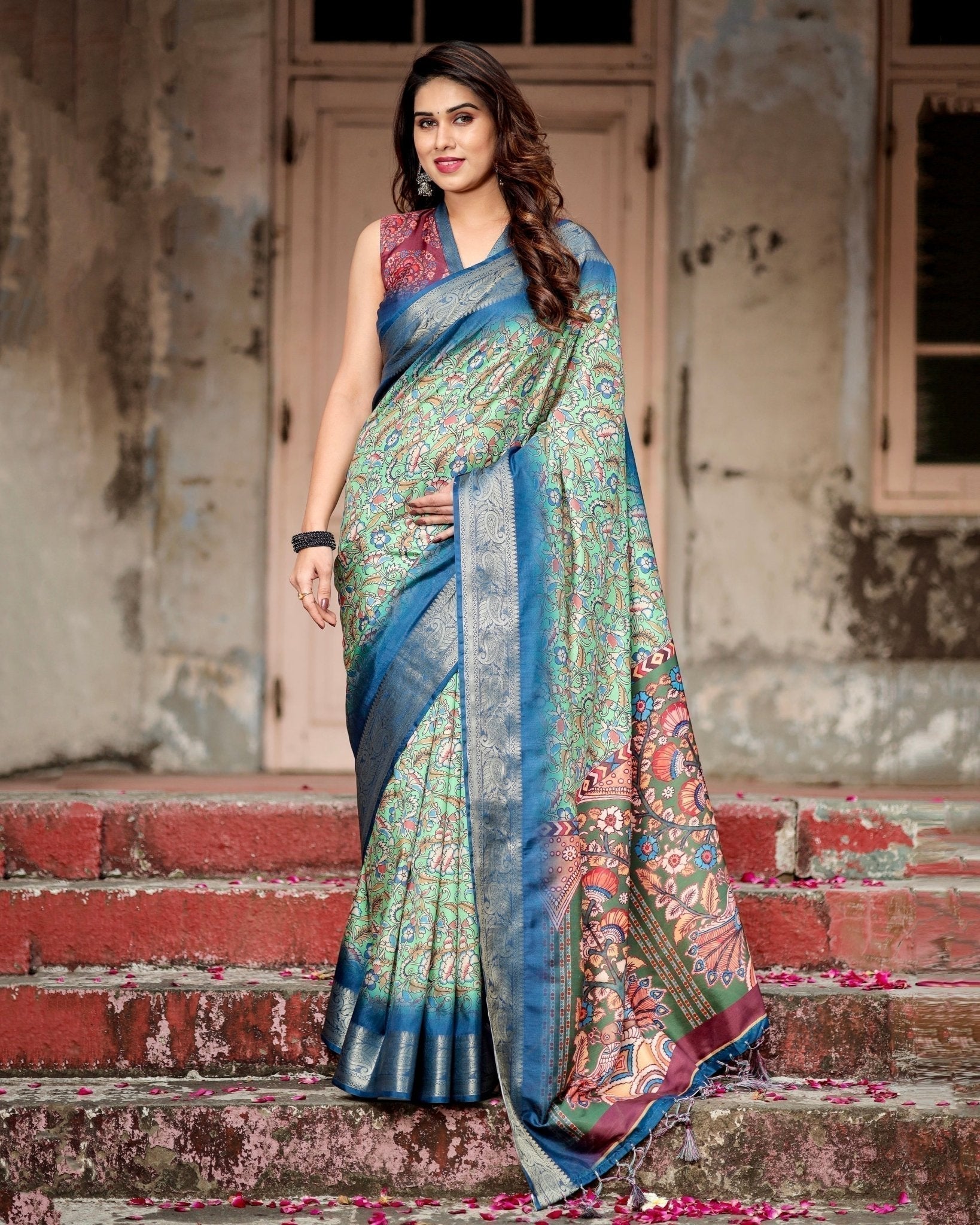 Majestic Blue and Green Digital Print Saree with Intricate Floral Motifs and Contrasting Pallu DIGITAL PRINT Main image