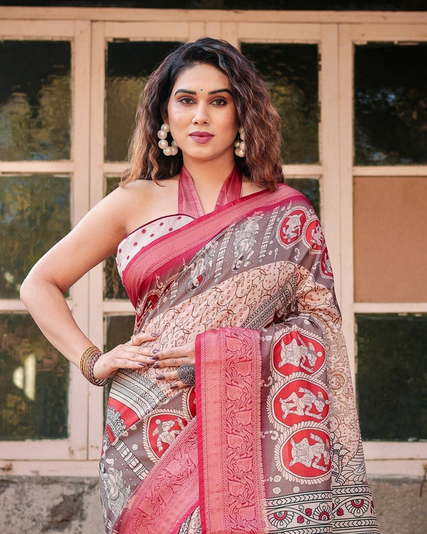 Beige and Red Tussar Silk Saree with Traditional Motifs and Ornamental Zari Border DIGITAL PRINT