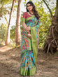 Load image into Gallery viewer, Vibrant Peacock Motif Blue and Green Tussar Silk Saree with Zari Border DIGITAL PRINT