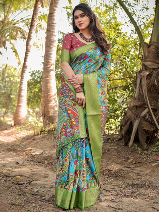 Vibrant Peacock Motif Blue and Green Tussar Silk Saree with Zari Border DIGITAL PRINT
