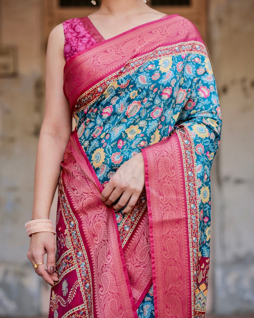 Teal Blue and Coral Tussar Silk Saree with Vibrant Floral Motifs and Ornamental Pallu DIGITAL PRINT