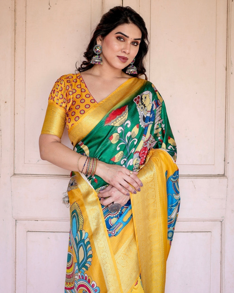 Golden Yellow Tussar Silk Saree with Vibrant Peacock Kalamkari Motifs DIGITAL PRINT