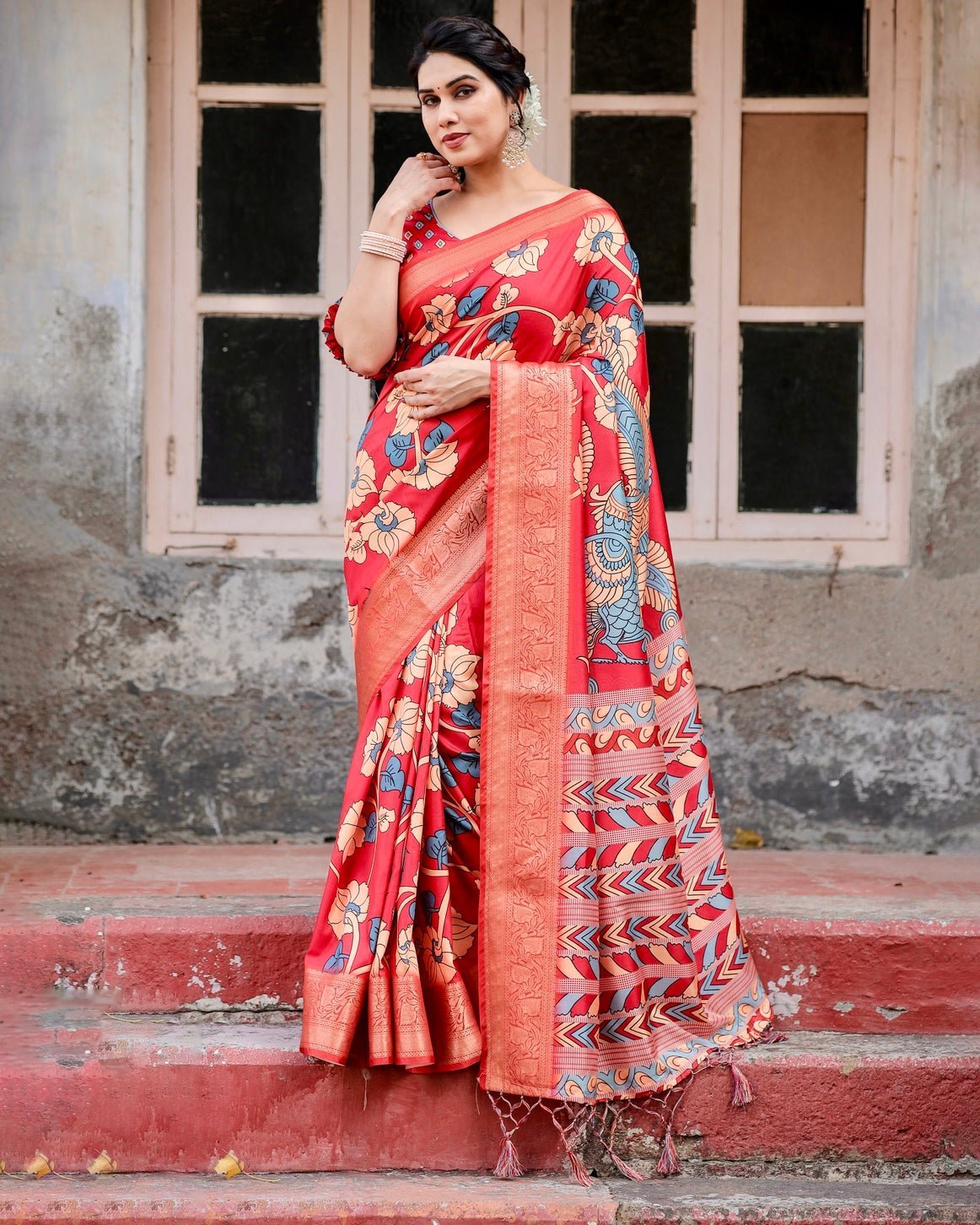 Vibrant Red Tussar Silk Saree with Bold Floral Motifs and Chevron Patterned Pallu DIGITAL PRINT Main image