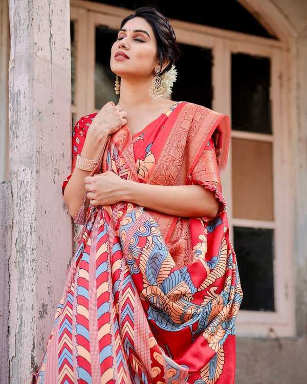 Vibrant Red Tussar Silk Saree with Bold Floral Motifs and Chevron Patterned Pallu DIGITAL PRINT