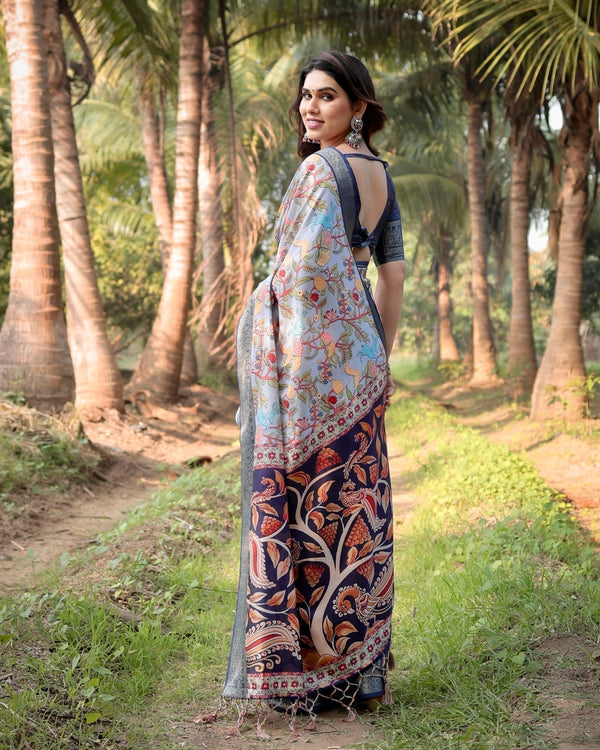 Sky Blue and Navy Digital Print Tussar Silk Saree with Zari Woven Border and Floral Motif Pallu DIGITAL PRINT