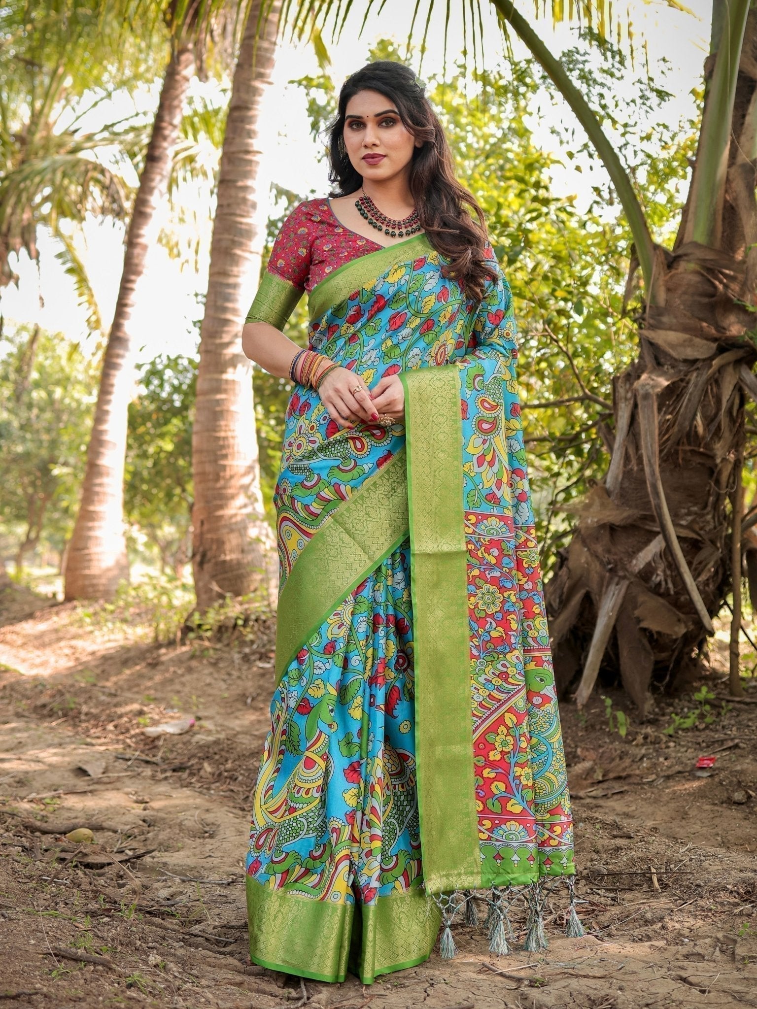 Vibrant Peacock Motif Blue and Green Tussar Silk Saree with Zari Border DIGITAL PRINT