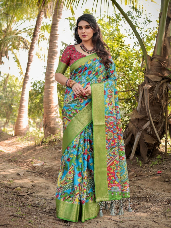Vibrant Peacock Motif Blue and Green Tussar Silk Saree with Zari Border DIGITAL PRINT