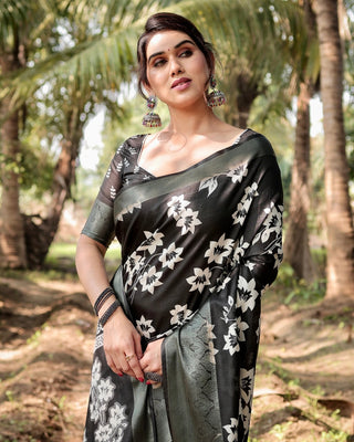 Elegant Black Tussar Silk Saree with Zari Embellished Border and Bold Floral Pallu DIGITAL PRINT