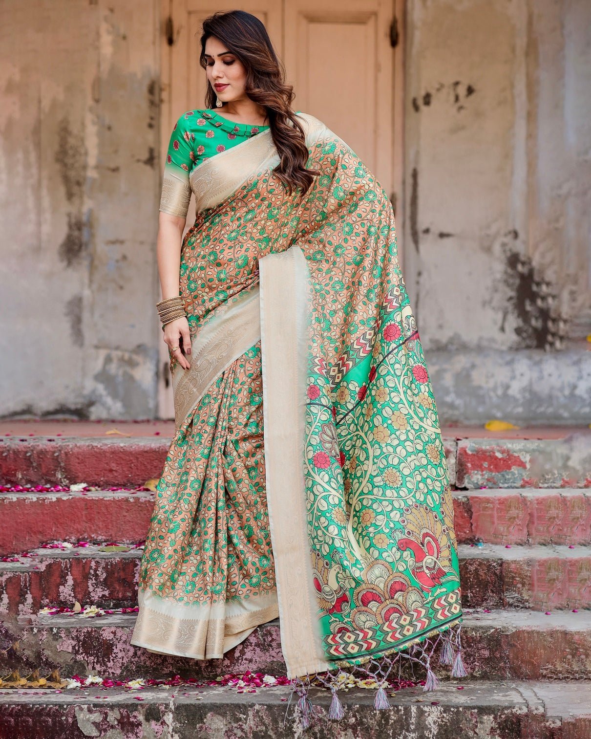 Emerald Green and Gold Tussar Silk Saree with Floral and Ornamental Motifs DIGITAL PRINT