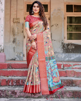 Beige Tussar Silk Saree with Vibrant Multicolor Floral Prints and Red Zari Border DIGITAL PRINT