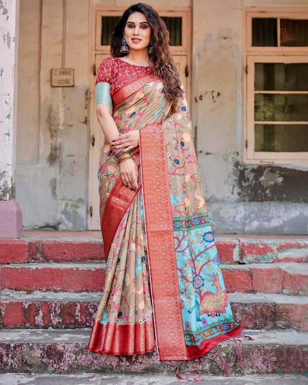 Beige Tussar Silk Saree with Vibrant Multicolor Floral Prints and Red Zari Border DIGITAL PRINT