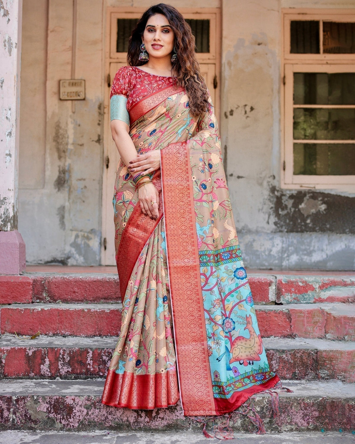 Beige Tussar Silk Saree with Vibrant Multicolor Floral Prints and Red Zari Border DIGITAL PRINT Main image