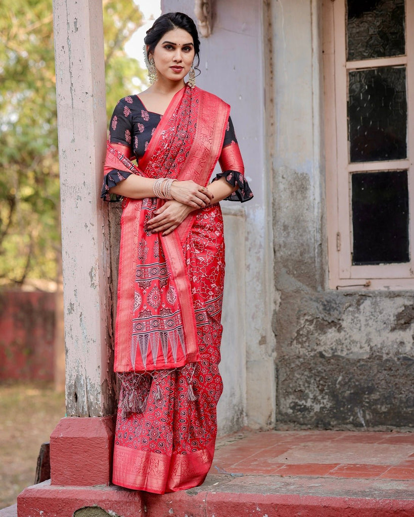 Fiery Red Tussar Silk Saree with Ornamental Motifs and Detailed Zari Pallu DIGITAL PRINT