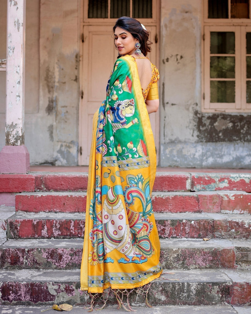 Golden Yellow Tussar Silk Saree with Vibrant Peacock Kalamkari Motifs DIGITAL PRINT