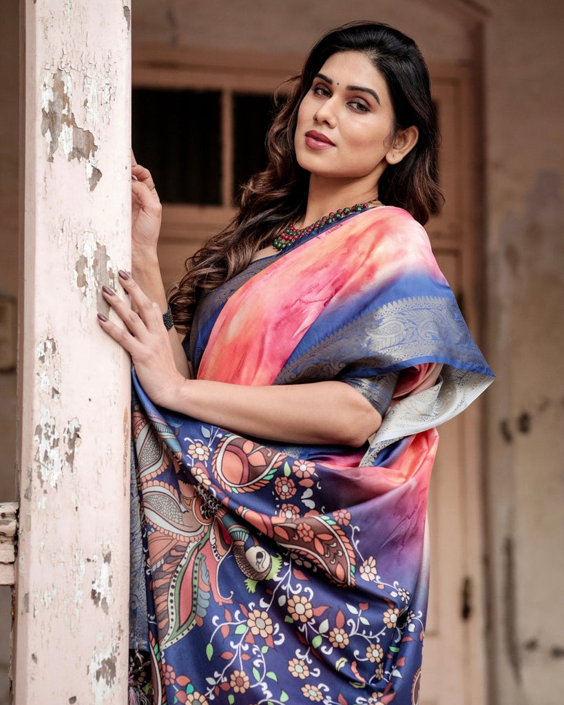 Pink and Blue Digital Printed Saree with Peacock Motif and Tassel Detail DIGITAL PRINT